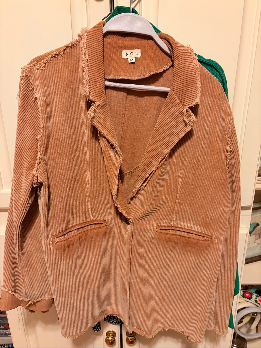 POL Distressed Raw Edge Corduroy Blazer Jacket Caramel Tan Boho M